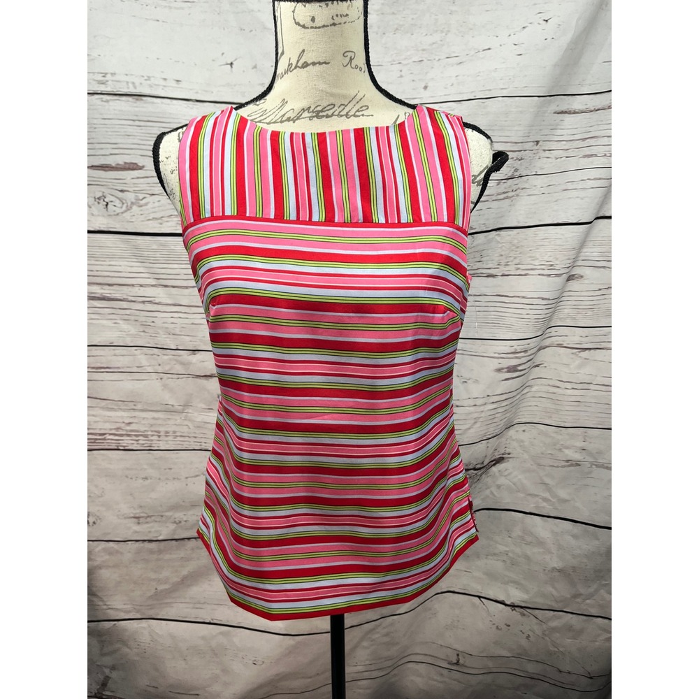 Talbots Petites 100% Silk Striped Sleeveless Shell Blouse Pink Red Green 4P‎